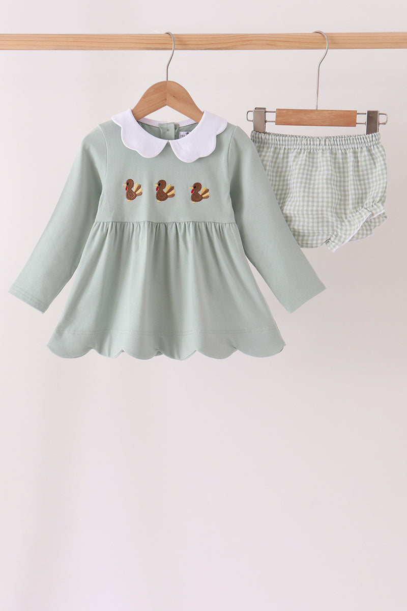 Green Turkey Embroidery Scalloped Bloomer Set - Sweet Baby Girl Fall Style