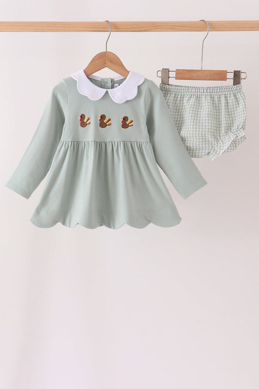 Green Turkey Embroidery Scalloped Bloomer Set - Sweet Baby Girl Fall Style