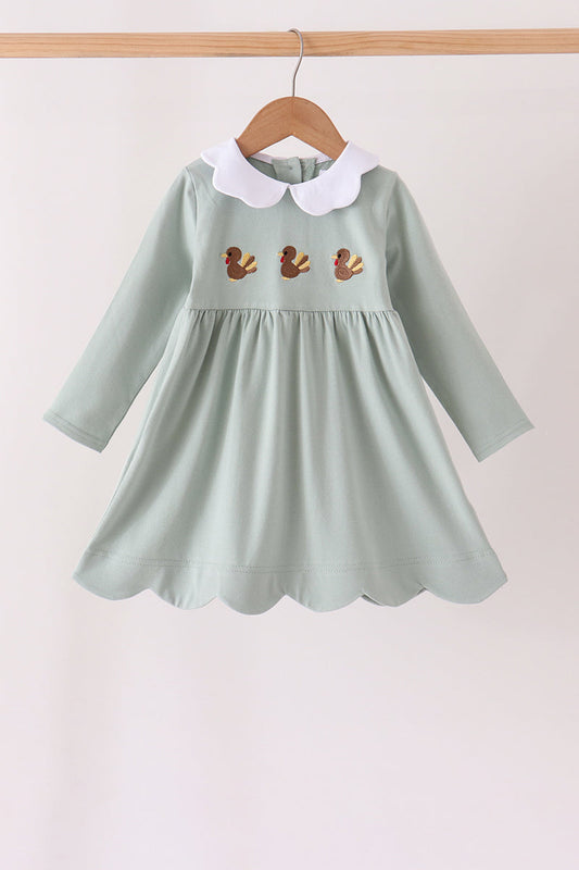 Green Turkey Embroidery Scalloped Dress - Sweet Fall Style for Girls