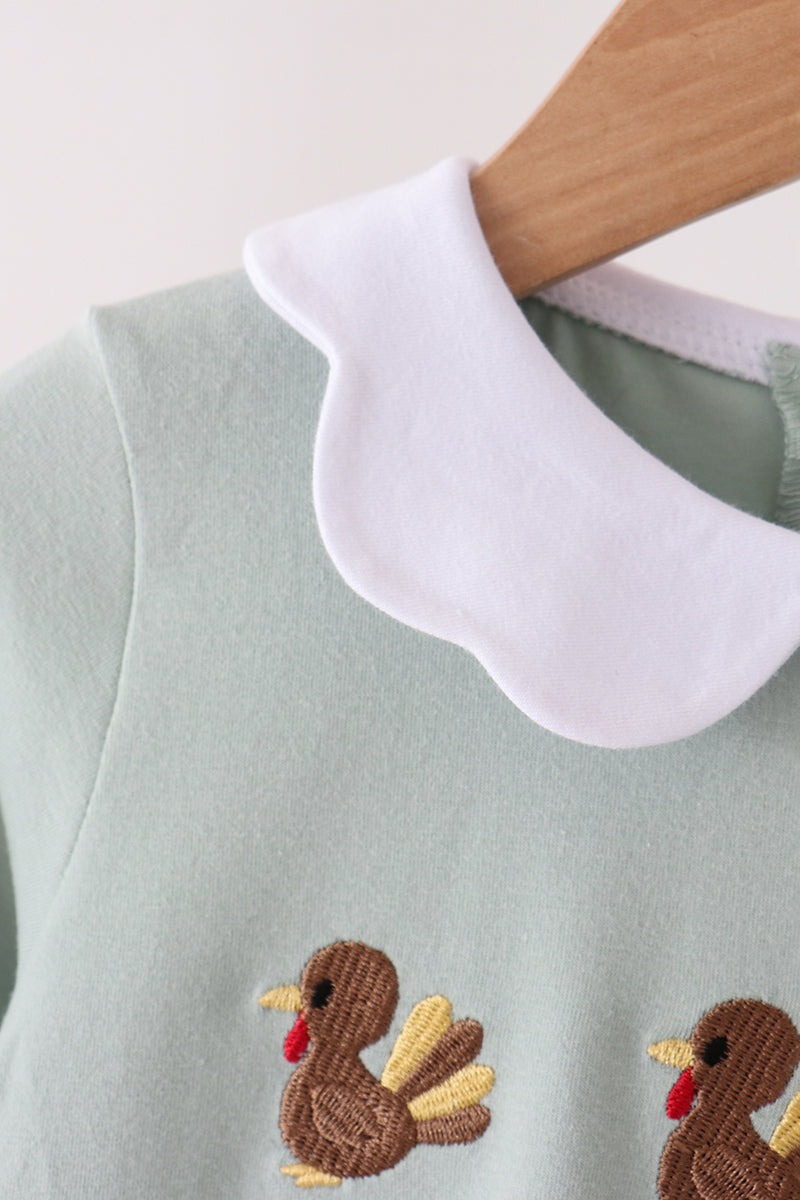 Green Turkey Embroidery Scalloped Dress - Sweet Fall Style for Girls