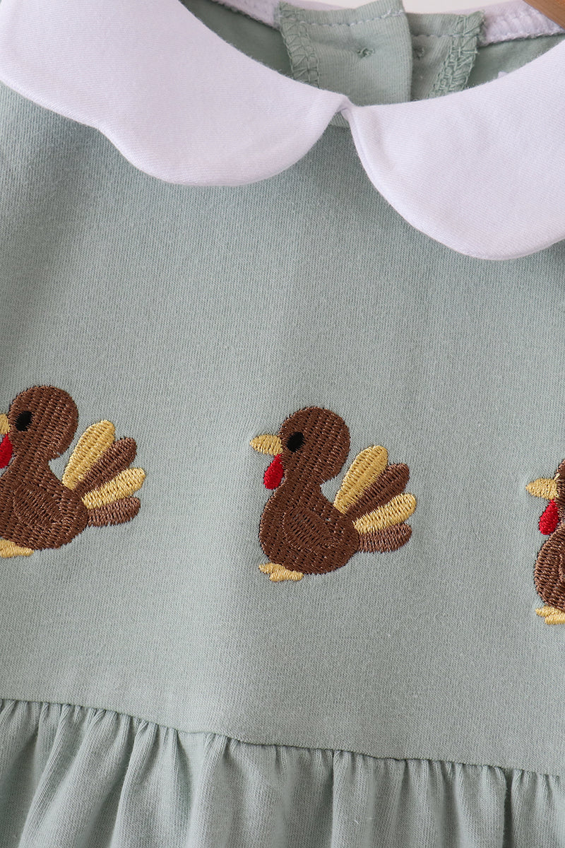 Green Turkey Embroidery Scalloped Dress - Sweet Fall Style for Girls