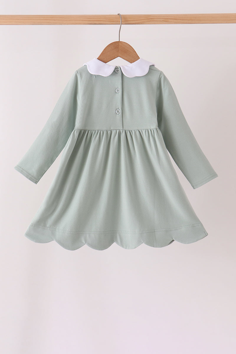 Green Turkey Embroidery Scalloped Dress - Sweet Fall Style for Girls