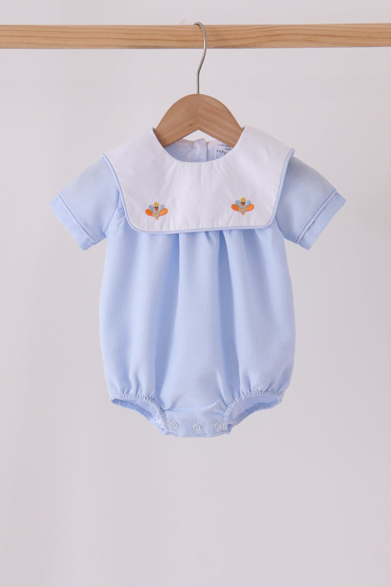Blue Turkey Embroidery Checkered Bubble - Sweet Fall Style for Little Ones