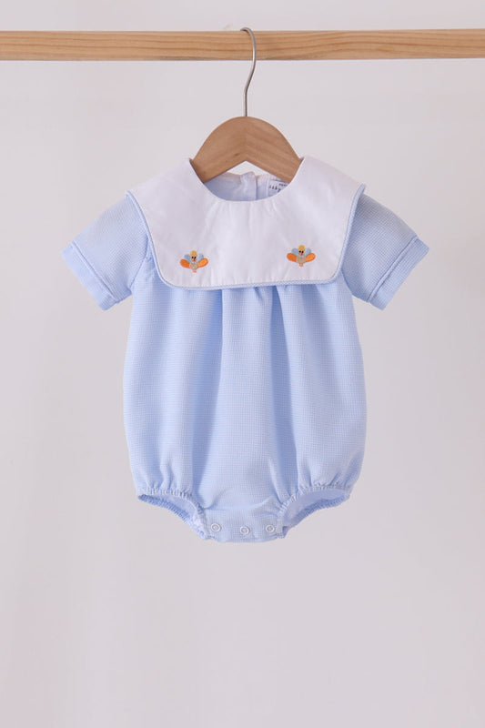 Blue Turkey Embroidery Checkered Bubble - Sweet Fall Style for Little Ones