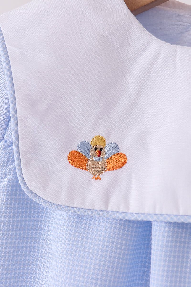 Blue Turkey Embroidery Checkered Bubble - Sweet Fall Style for Little Ones