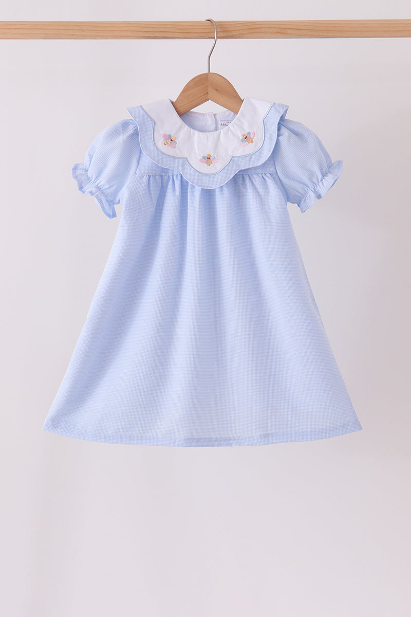 Blue Checkered Turkey Embroidery Dress - Sweet Fall Style for Girls