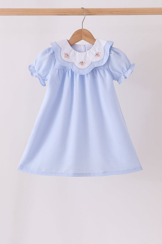 Blue Checkered Turkey Embroidery Dress - Sweet Fall Style for Girls