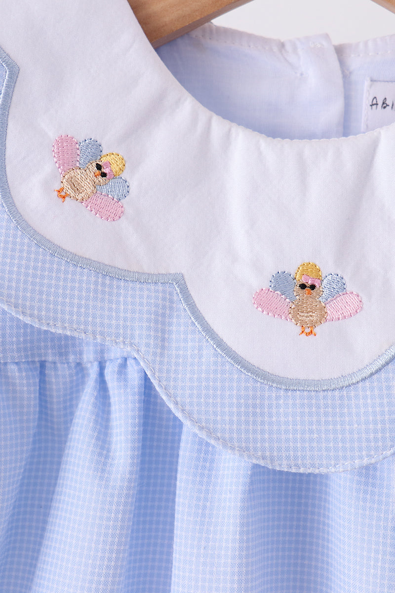 Blue Checkered Turkey Embroidery Dress - Sweet Fall Style for Girls