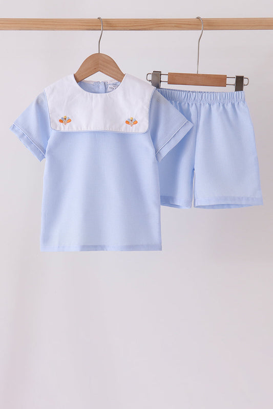 Blue Turkey Embroidery Shorts Set - Sweet Fall Style for Boys