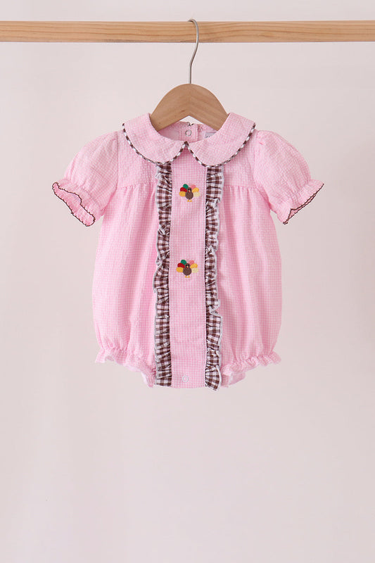 Pink Turkey Embroidery Ruffle Gingham Bubble - Sweet Baby Girl Fall Style