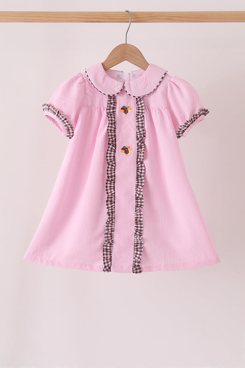 Pink Turkey Embroidery Ruffle Gingham Dress - Sweet Fall Style for Girls