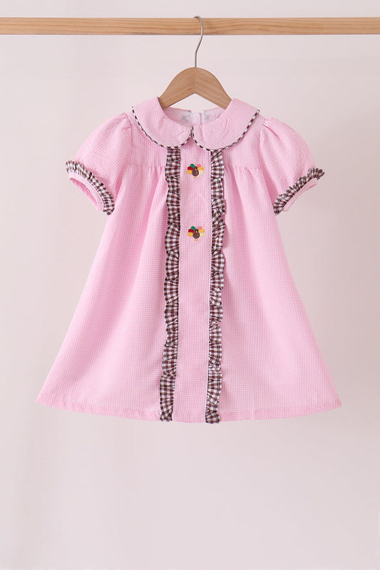 Pink Turkey Embroidery Ruffle Gingham Dress - Sweet Fall Style for Girls