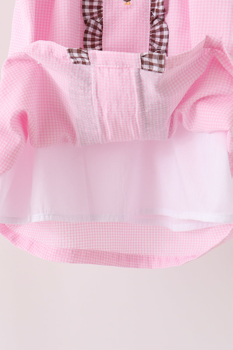 Pink Turkey Embroidery Ruffle Gingham Dress - Sweet Fall Style for Girls