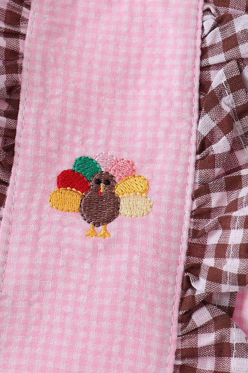 Pink Turkey Embroidery Ruffle Gingham Dress - Sweet Fall Style for Girls