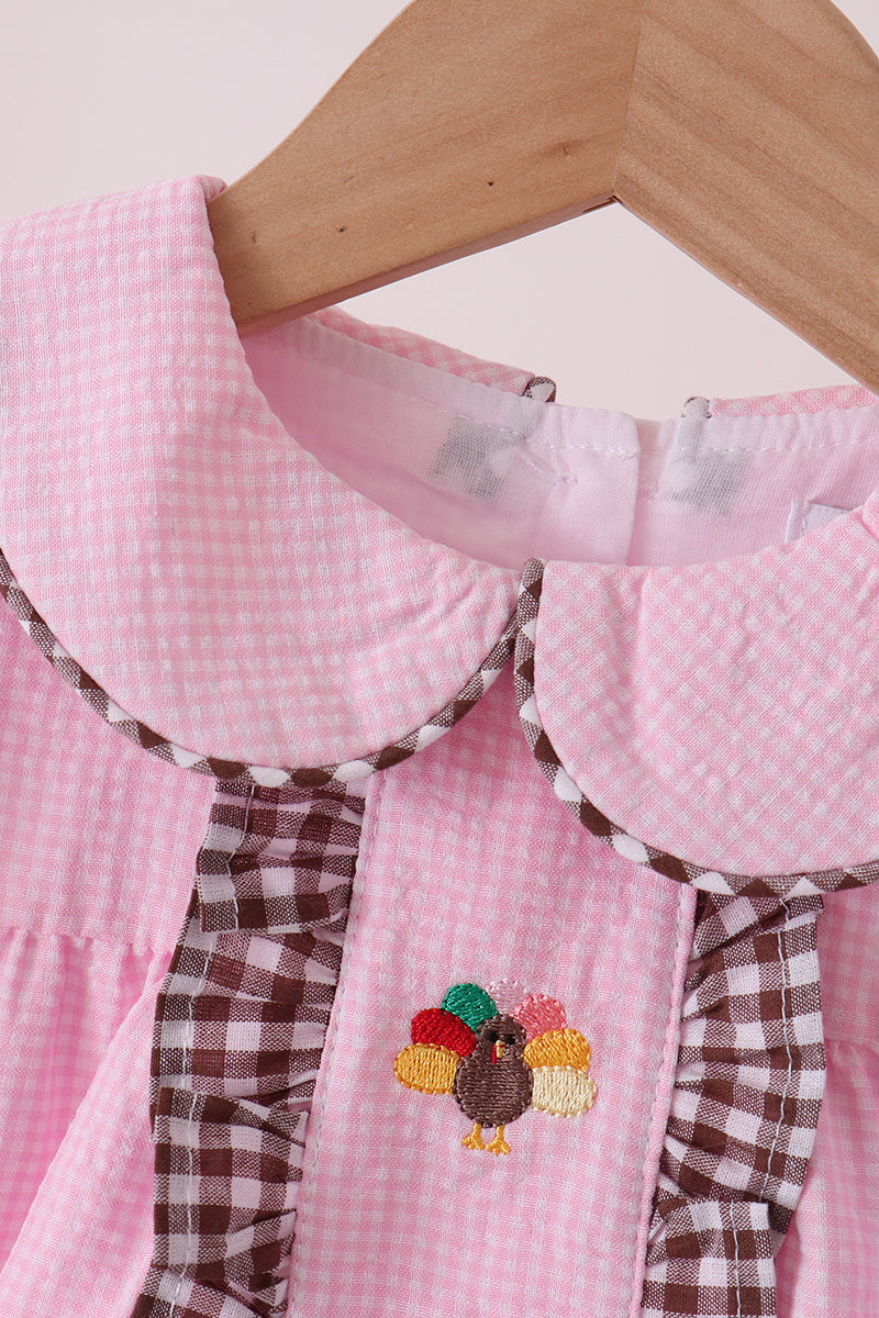 Pink Turkey Embroidery Ruffle Gingham Dress - Sweet Fall Style for Girls