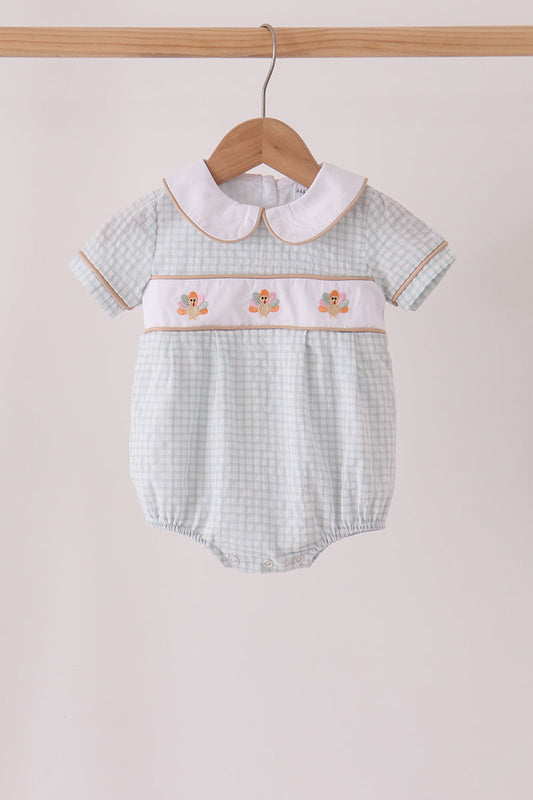 Green Plaid Turkey Embroidery Bubble - Sweet Fall Style for Little Girls