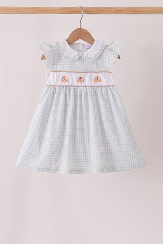 Green Plaid Turkey Embroidery Ruffle Dress - Sweet Fall Style for Girls
