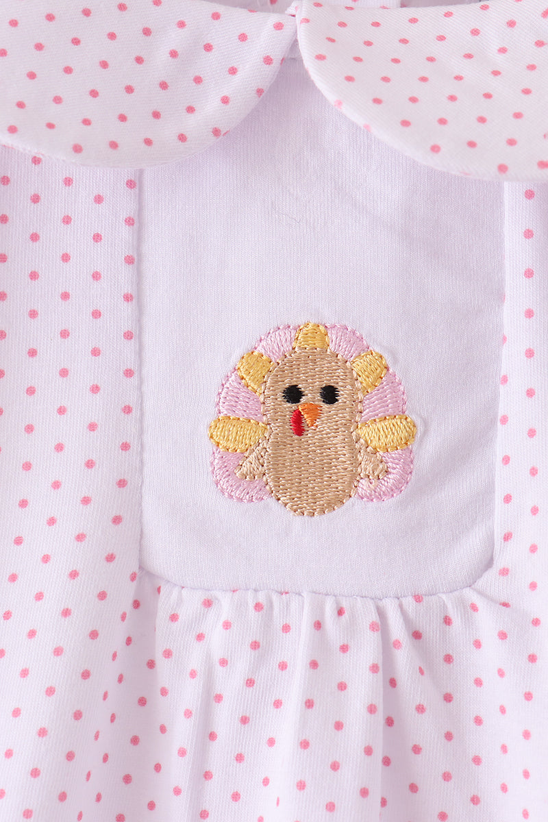 Pink Dot Turkey Embroidery Ruffle Bubble - Sweet Baby Girl Fall Style