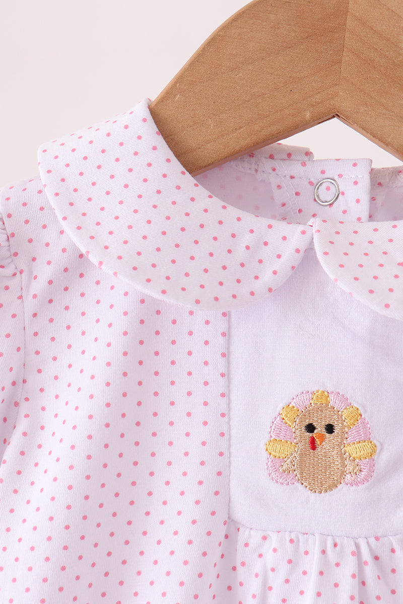 Pink Dot Turkey Embroidery Ruffle Bubble - Sweet Baby Girl Fall Style