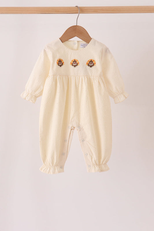 Beige Turkey Embroidery Romper - Sweet Baby Girl Fall Style