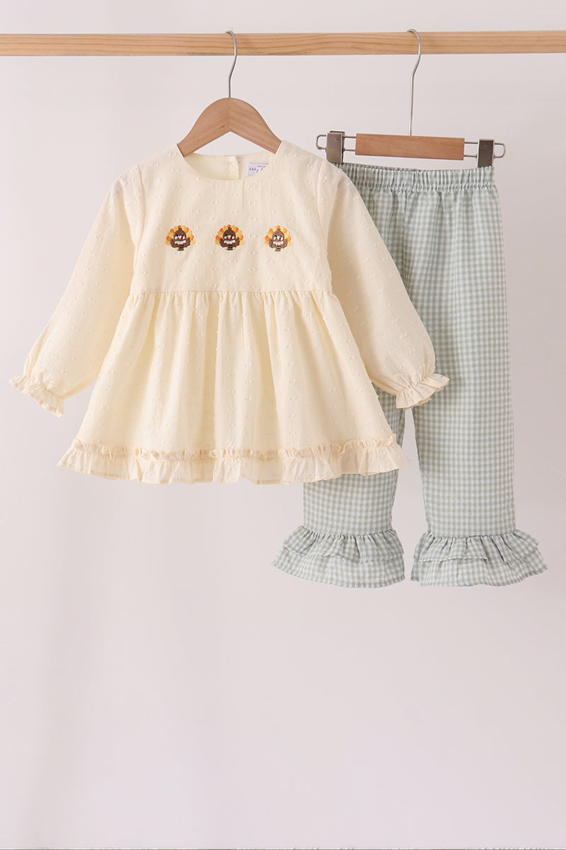 Beige Turkey Embroidery Ruffle Pants Set - Sweet Fall Style for Girls