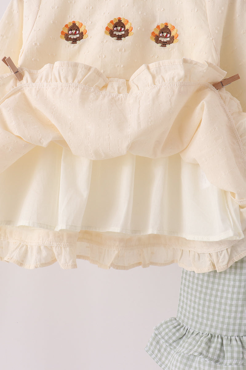 Beige Turkey Embroidery Ruffle Pants Set - Sweet Fall Style for Girls