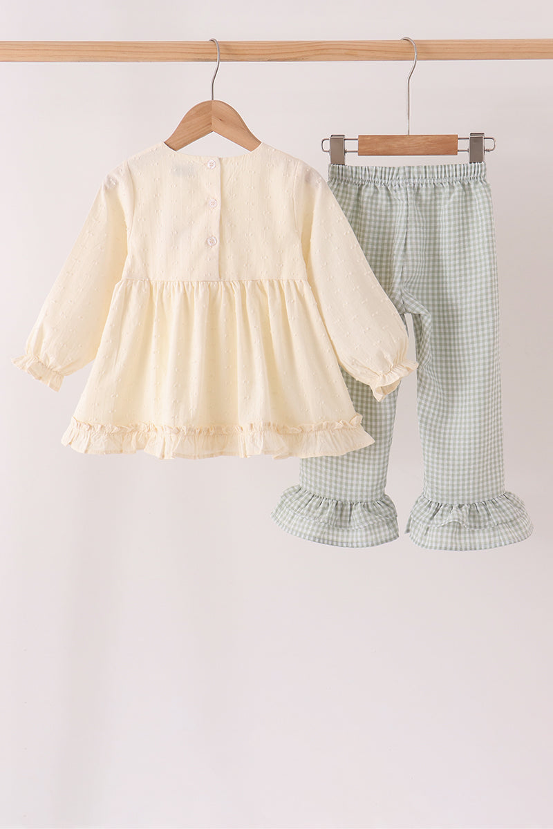 Beige Turkey Embroidery Ruffle Pants Set - Sweet Fall Style for Girls
