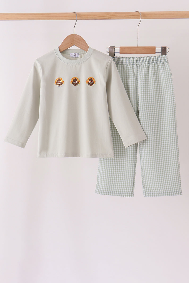 Green Turkey Embroidery Gingham Pants Set - Sweet Fall Style for Boys