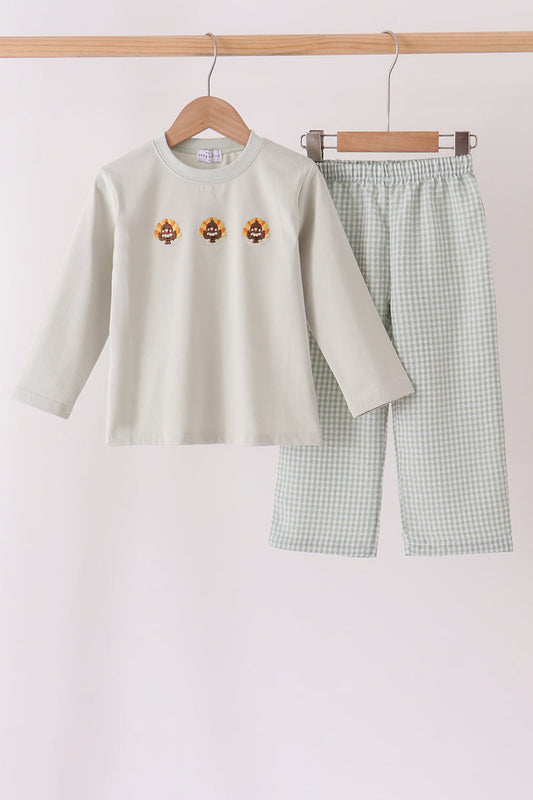 Green Turkey Embroidery Gingham Pants Set - Sweet Fall Style for Boys