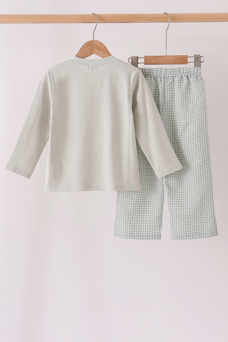 Green Turkey Embroidery Gingham Pants Set - Sweet Fall Style for Boys