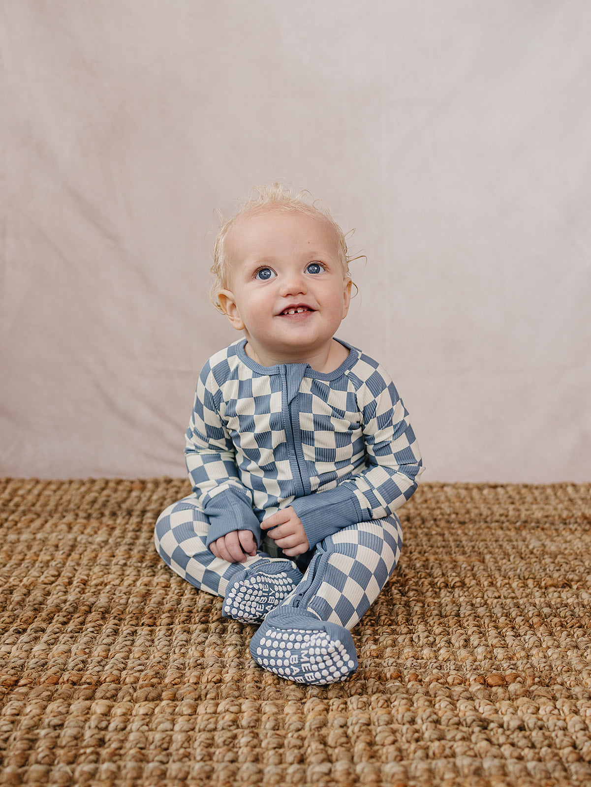 Blue Checkered Ribbed Bamboo Zipper