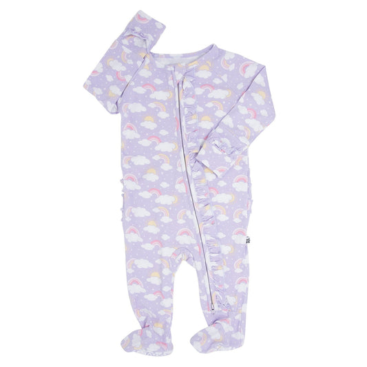 Lavender Rainbows & Clouds Bamboo Ruffle Baby Footie