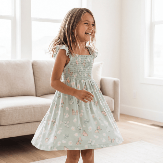 Mint Butterfly Daisy Bamboo Smocked Vintage Dress - Adorable Little Girl Style