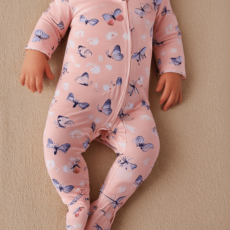 Pink Butterfly Daisy Bamboo Zipper Footie - Sweet & Soft Baby Girl Style