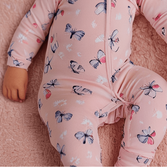 Pink Butterfly Daisy Bamboo Zipper Footie - Sweet & Soft Baby Girl Style