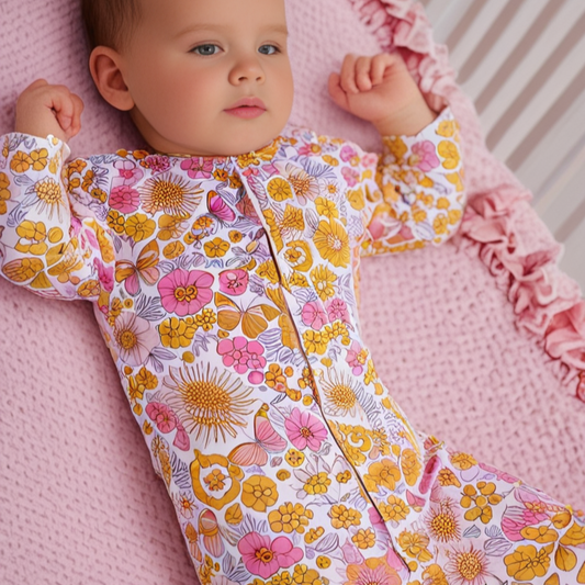 Retro Vintage Flowers Ruffle Footie - Sweet & Soft Baby Girl Style