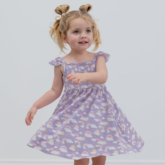 Lavender Rainbows and Clouds Smocked Vintage Dress for Girls