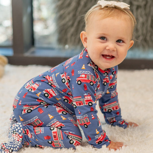 Blue Fire Truck Zipper Footie - Adorable Baby Boy Look